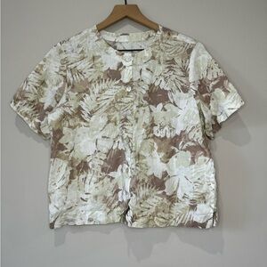 Orvis Linen Boxy Floral leave tropical print Button-Up Shirt blouse size S